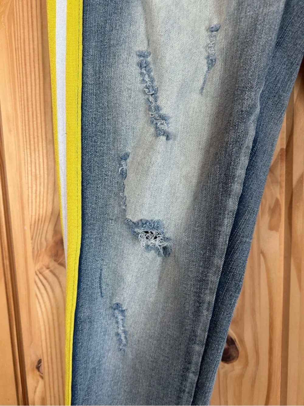 90s style Blue Distressed Jeans with Yellow Side Stripe
